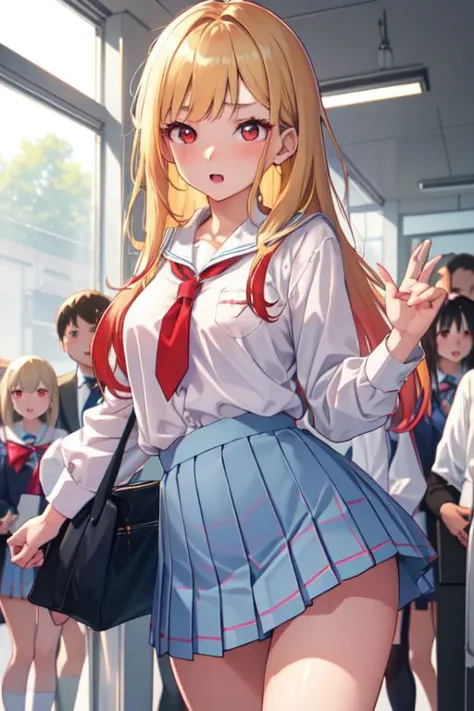 <lora:marinkitagawatest:1>, (marinkitagawa)), best quality, masterpiece, highres, detailed, digital illustration, marin kitagawa, blonde hair, (red eyes:1.5), straight hair, swept bangs, ((in school uniform, short skirt, thin blouse, standing in the school hallway, crowd of people around)), (nsfw), shy