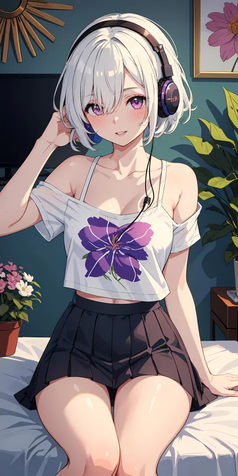 1girl, hair over one eye, parted lips, blush, makeup, light smile, white hair, t-shirt, skirt, headphones, glow, thighs, purple eye, bare shoulders, collarbone, narrow waist, bedroom, sunlight, flower, (masterpiece), underwear, potted plant, television, wa...