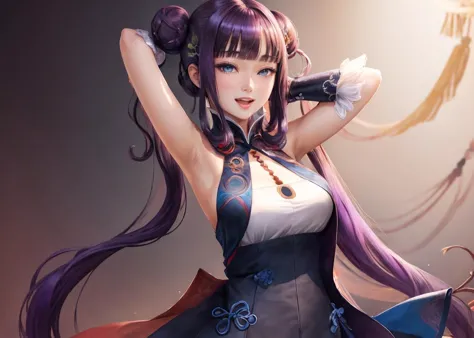 a close up of a woman with long purple hair and a sword