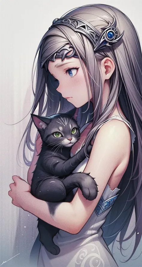 anime girl with long hair holding a black cat in her arms