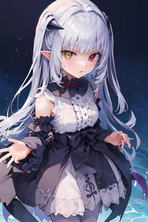 masterpiece, best quality, ultra-detailed, glistening shiny, glowing light, ray tracing, HDR, deph of field, (perfect face, detailed face), 1girl, solo, <lora:ChloeLilithStella:1>, chloelilith, flat chest, pointy ears, demon girl, heterochromia, black dress,  white shirt, frills, frilled collar, detached sleeves, white pantyhose, standing