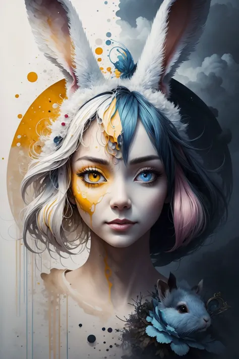 masterpiece, best quality, (rabbit) woman, large eyes, (cartoon), splashing, abstract, psychedelic, (neon:0.8), extremely detail...