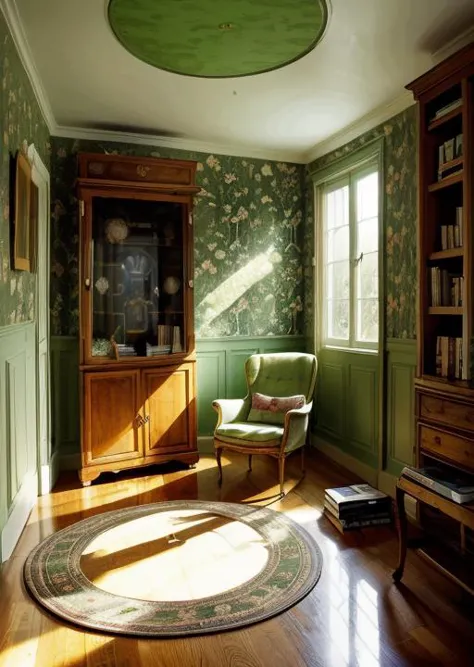 room, wooden floor, French window, table, bookcase, armchair, round carpet,Playboy magazines are scattered on the carpet, green ...