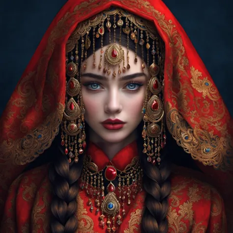 a close up of a woman wearing a red dress and a red veil