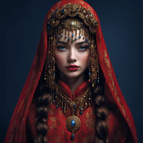 a woman in a red dress with a red veil and blue eyes