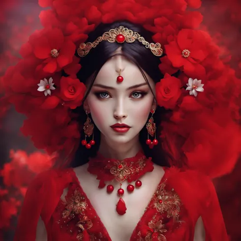 hn,1girl,solo,flower,looking at viewer,red theme,upper body,necklace,gem,earrings,grey eyes,eyeshadow,red lips,lips,red dress,closed mouth,dress,black hair,