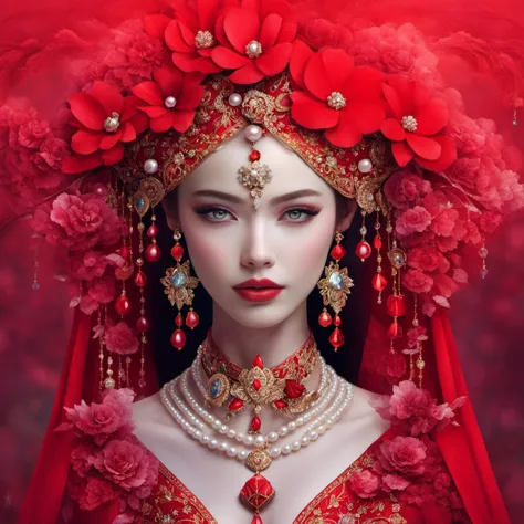 a close up of a woman wearing a red dress and a red headpiece