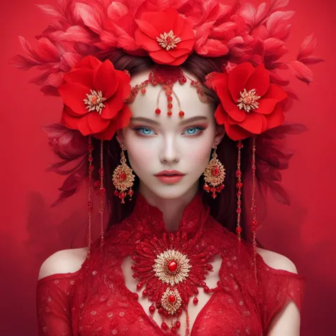 <lora:woman in red:0.9>,hn,1girl,red theme,solo,flower,jewelry,looking at viewer,blue eyes,gem,upper body,hair ornament,red flower,red background,makeup,earrings,lips,arms at sides,parted lips,