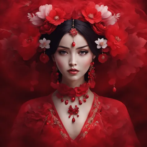 hn,1girl,solo,flower,looking at viewer,red theme,upper body,necklace,gem,earrings,grey eyes,eyeshadow,red lips,lips,red dress,closed mouth,dress,black hair,