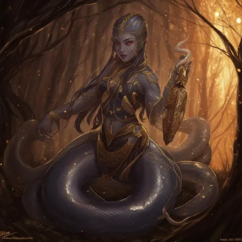 Yuan Ti woman, Snake woman, sorceress, realistic, snake scales, glowing snake eyes, snake eyes, painted, masterpiece, <lora:Yuan...