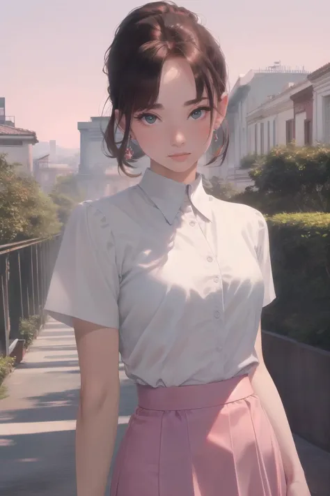 a woman in a pink skirt and white shirt standing on a sidewalk