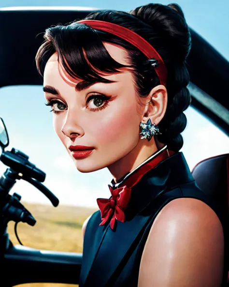 a close up of a woman in a car with a red bow tie