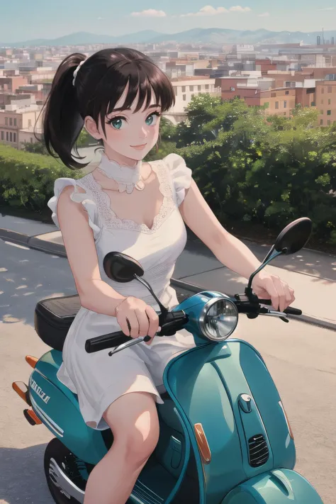 anime girl on a scooter in a white dress