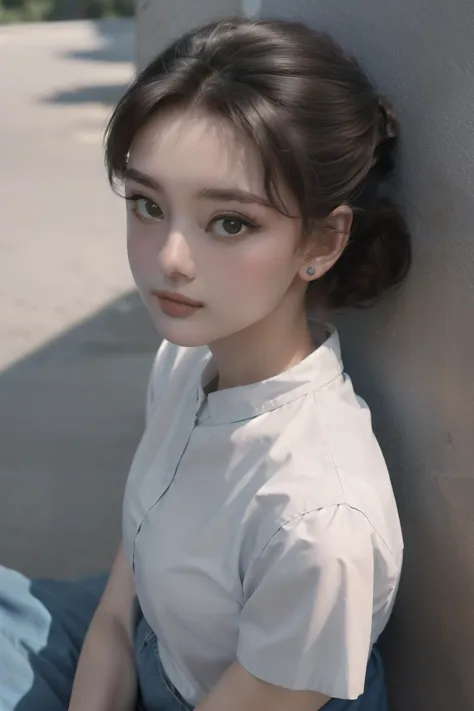 (masterpiece, top quality, best quality, beautiful and aesthetic:1.2), 1girl, solo,  extremely detailed, highest detailed, brown hair,white shirt, blue skirt, blue sky, roma city, roman holiday,shiny skin,
looking at viewer,Audrey Hepburn,  <lora:Audrey Hepburn:1.4> , from above,hepburn hairstyle,  <lora:add_detail:0.3>