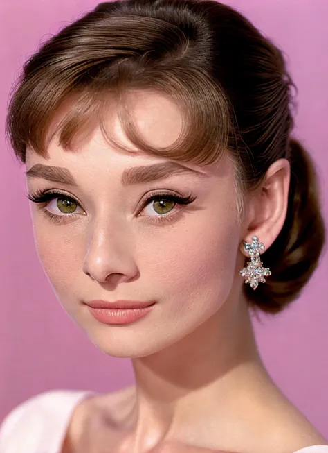 a close up of a woman with a white dress and earrings