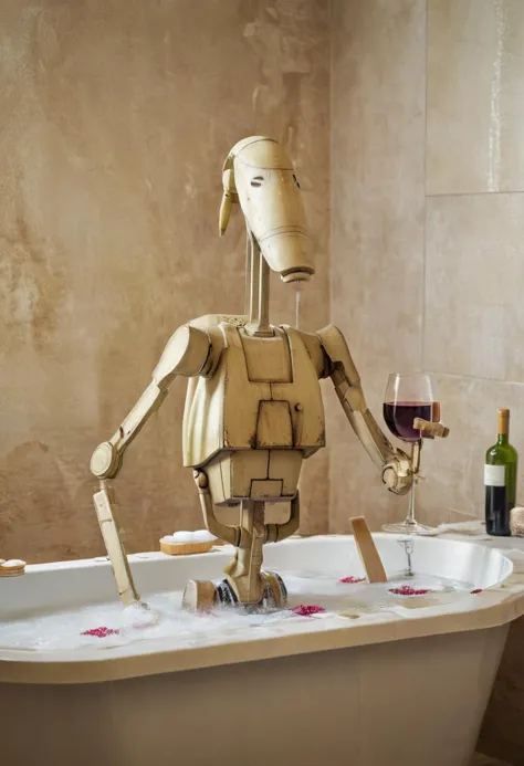 there is a wooden robot that is sitting in a bathtub