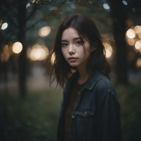 a woman standing in a park at night with lights on