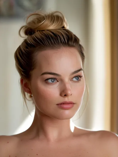 a close up of a woman with a messy bun in her hair