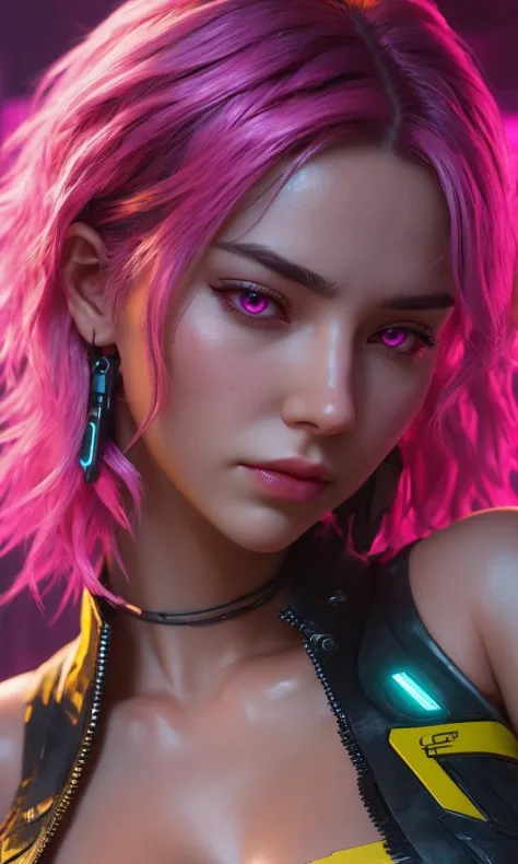 cyberpunk 2077 anime, masterpiece art, best quality ;o,, realistic face and hands on body :D;pink eyes with closed mouth:cinemat...