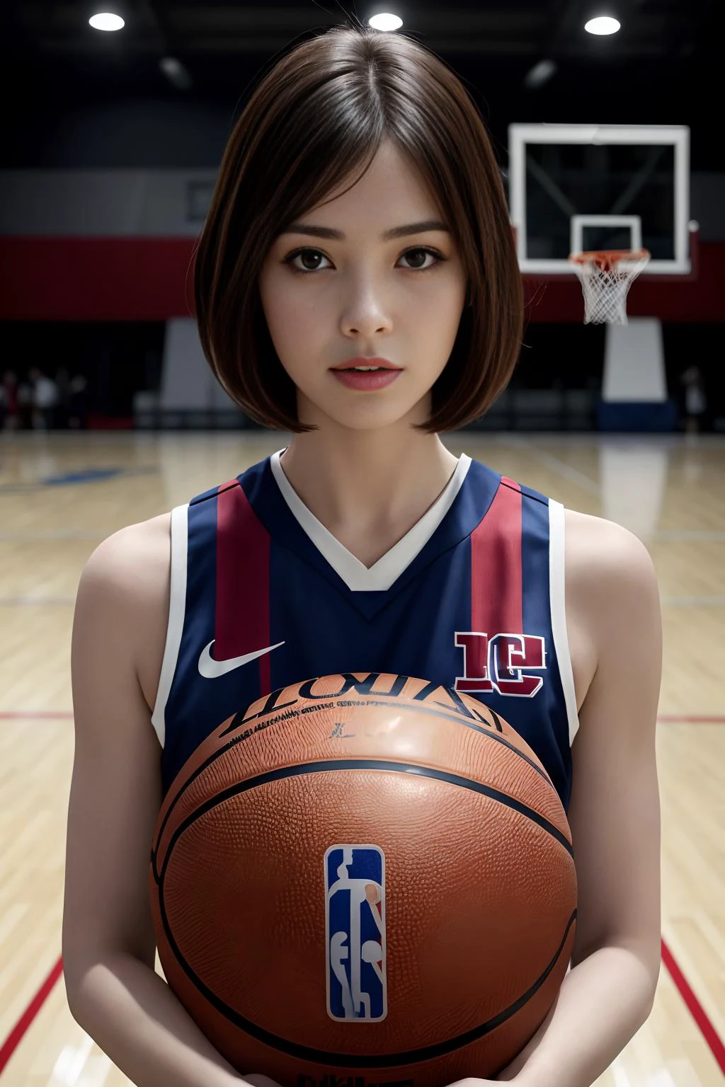 Best quality, masterpiece, ultra high res, portrait, (photorealistic:1.4), raw photo, 1girl, French Bob, wearing basketball uniform, basketball court background, detailed face textures