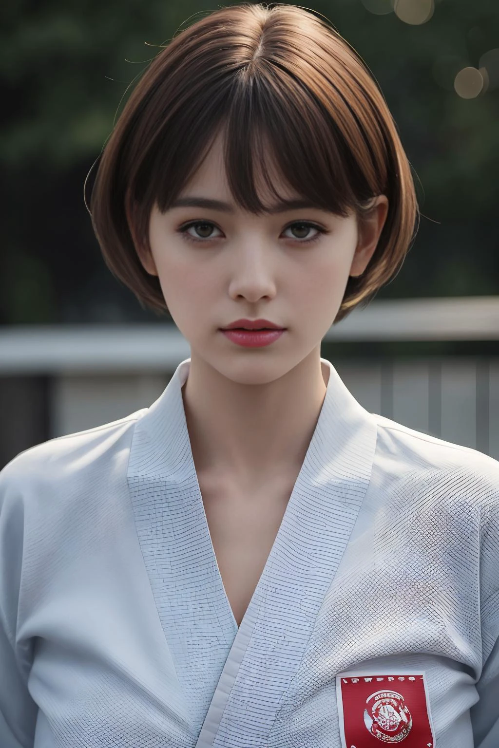Best quality, masterpiece, ultra high res, portrait, (photorealistic:1.4), raw photo, 1girl, Pixie Cut, wearing karate uniform, detailed face textures, blemish, acnes