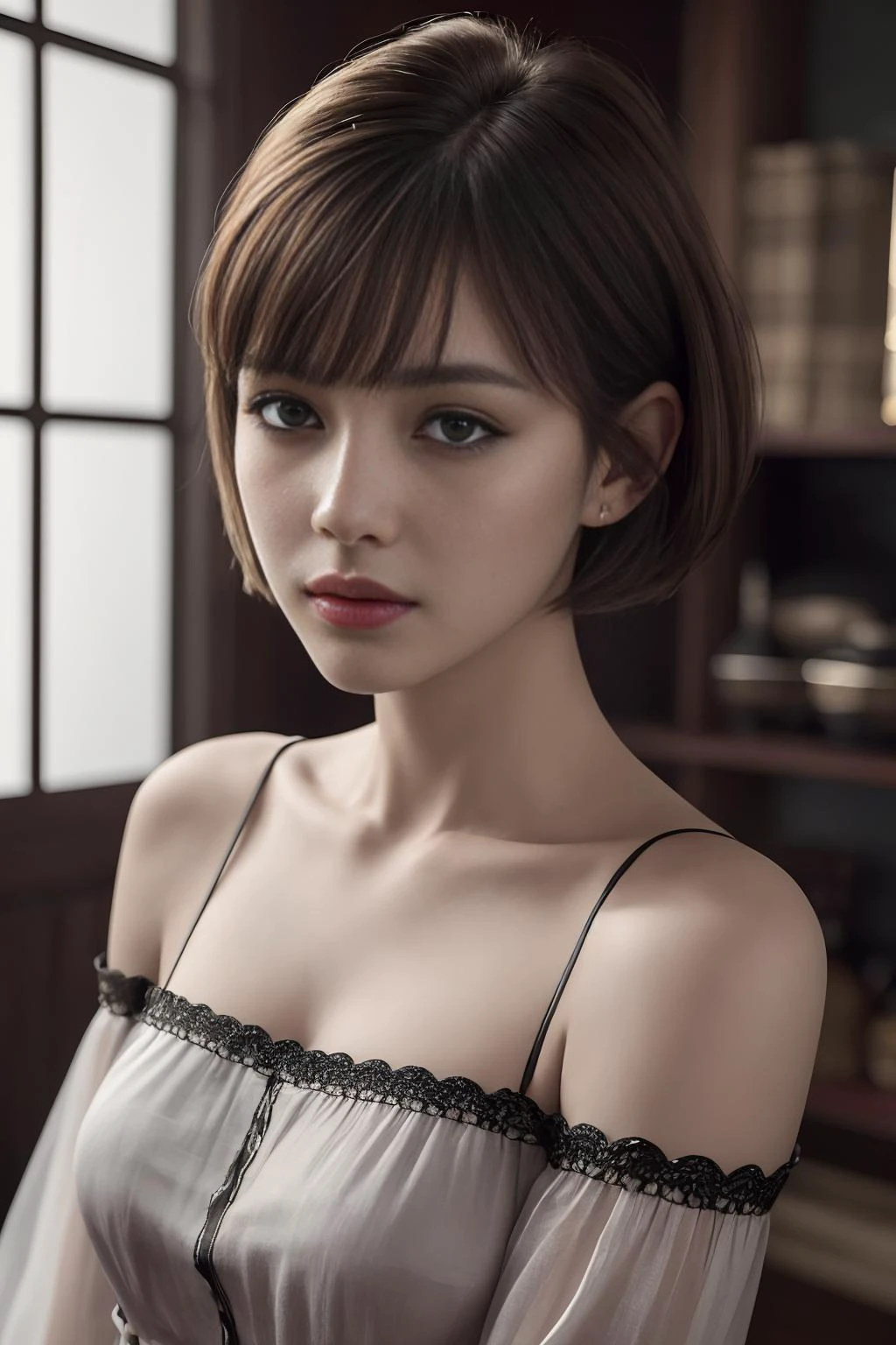 Best quality, masterpiece, ultra high res, portrait, (photorealistic:1.4), raw photo, 1girl, Pixie Cut, wearing blouse, bare shoulders, detailed face textures,