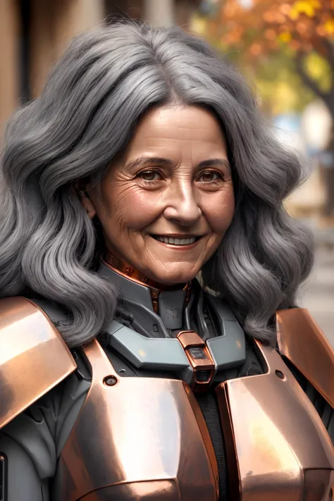 a close up of a woman with a silver hair and a helmet