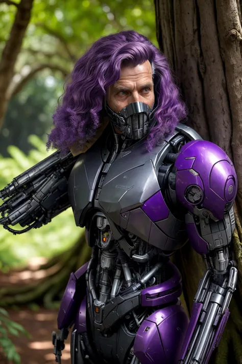 photorealistic texture Full body view, (old man cyborg zzcbrlnzz in Advent Purple color hdsrmr:1.3), Butterscotch long hair, cyborg full face mask, cyborg eyes, Ancient Banyan Tree Groves with busy people doing their stuff <lora:Cyber Armor from HaDeS v1.02:1> <lora:balanced lighting image enhancer v1.04:0.6> top down close-up . highly detailed, lifelike, precise, accurate