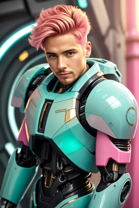 photorealistic reflection shot of texture (HDRI:1.2), (Techno man bioluminiscent Celadon color cyborg zzcbrlnzz in Knockout Pink color hdsrmr:1.3), (Resting Chin on Hand:1.3), A proud and confident smile expression, (Golden short hair:1.4), Teal-colored Glacial Lakes with busy people doing their stuff <lora:Cyber Armor from HaDeS v1.02:1>  <lora:balanced lighting image enhancer v1.04:0.6> top down close-up. Mirror image, symmetry, creative, thoughtful . highly detailed, lifelike, precise, accurate