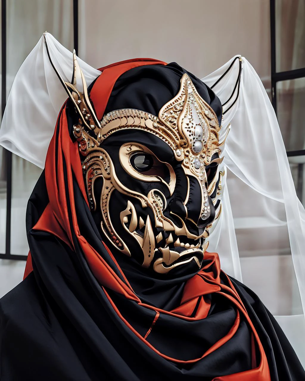 máscara ritual ,  una mujer con un velo blanco y joyas , 