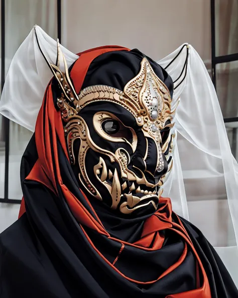 ritual mask ,  a woman in a white veil and jewelry , <lora:Ritual_Mask_SD15:0.75>
