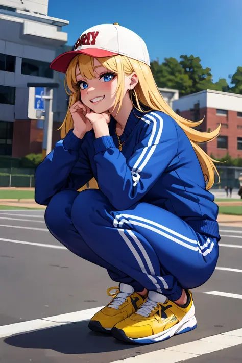 (ultra high res, ultra detailed, high resolution, highly detailed, 4k, 8k),(masterpiece), 1girl, solo, long hair, blonde hair, blue eyes, earrings, jewelry, lipstick, makeup, street, slav squatting,cinematic angle, air_jordan_1,track suit,grin,gold chain,jewelry,yellow footwear,grin,baseball cap