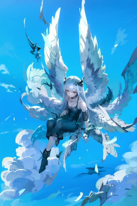 a woman with white hair and wings flying through the sky