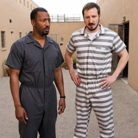 two men in prison uniforms stand in a courtyard