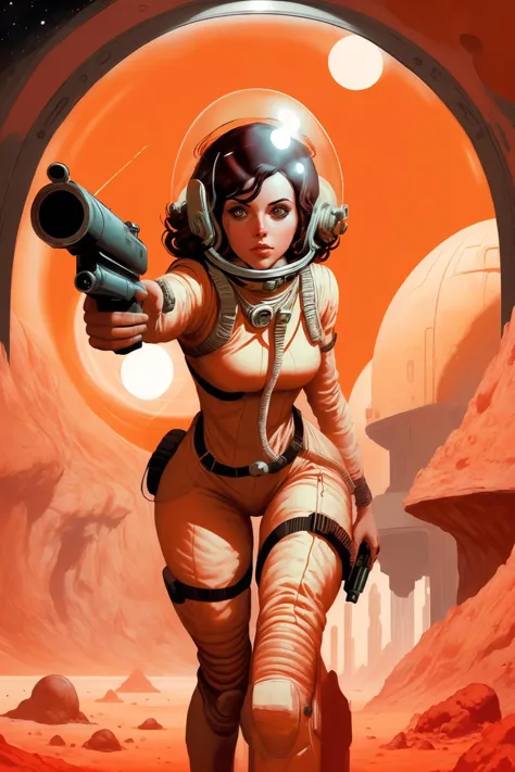 sp4c3w0m3n woman wearing space suit and helmet, holding blaster, aiming blaster, on mars <lora:pulpladiesog2v1:1>