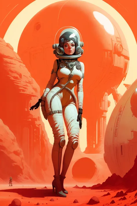 sp4c3w0m3n woman a wearing a space suit and helmet pinup pose, on mars with a spaceship in the background <lora:pulpladiesog2v1:...