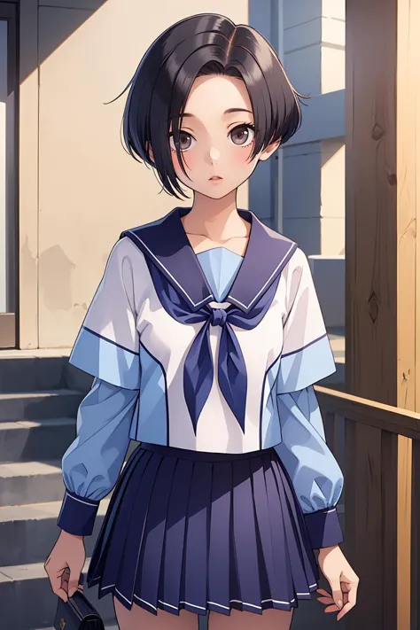 anime girl in a school uniform standing on a porch