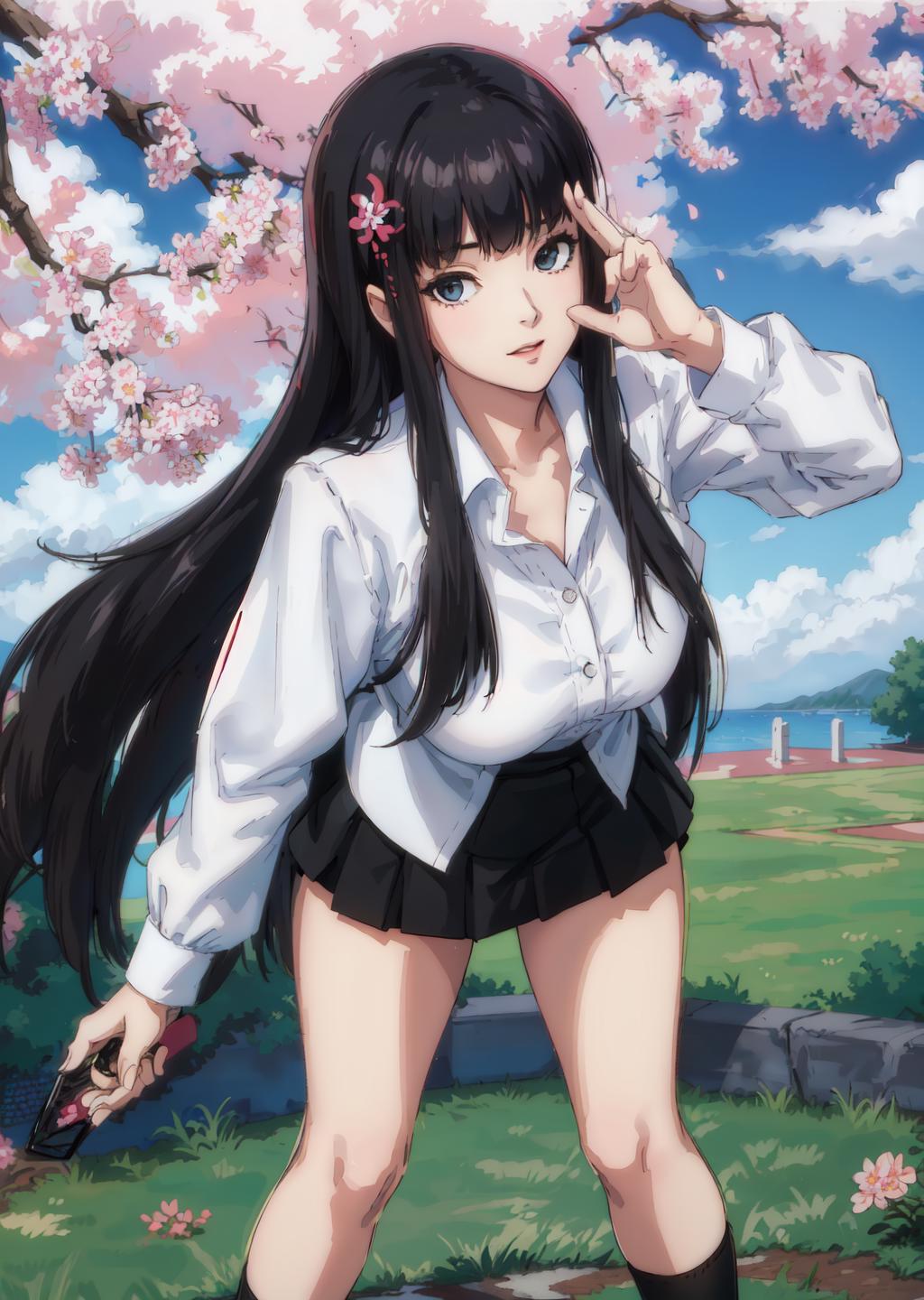 A woman in a short skirt and white shirt standing in a field - SeaArt AI