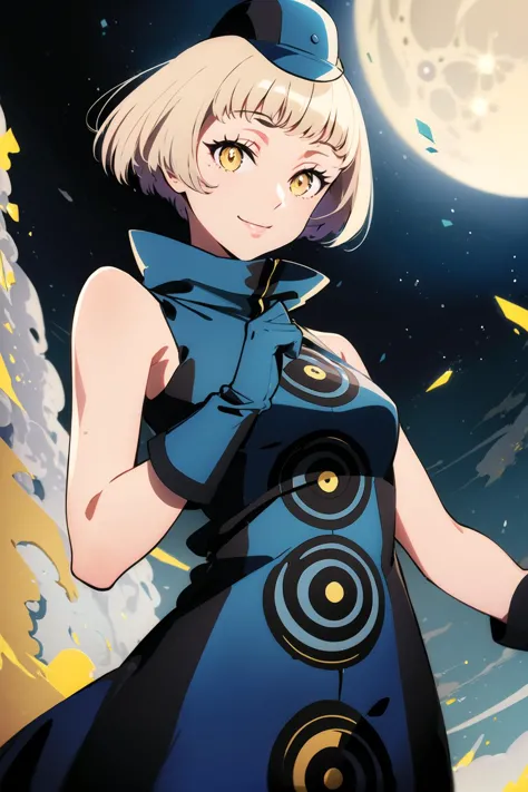 (masterpiece, best quality:1.2), <lora:persona3_elizabeth:1.0>, cowboy shot, solo, 1girl, elizabeth, smile, closed mouth, yellow eyes, looking at viewer, hat, sleeveless dress, (gloves:1.1),( stras background:0.98), sky background, moon, <lora:Eyes:1.0>,