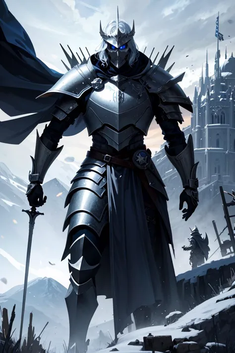 Masterpiece, 1boy, cowboy shot of nobel knight, heavy skeleton armor with spikes, helmet with crown, torn cape, athletic, glowing eyes, holding sword, particles, mountain, ice throne, snow, blizzard, dark atmosphere, volumetric lighting, best quality, masterpiece, realistic <lora:sxz-wowart-v2:0.8>