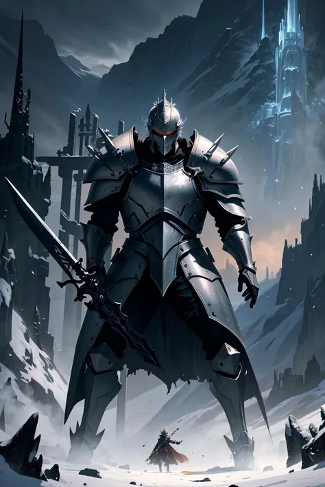 a picture of a knight standing in the snow with a sword