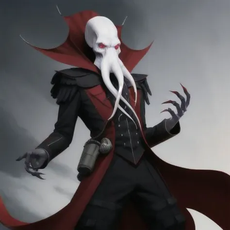 a male evil  undead mindflayer  in a black and red military navel uniform  with pale white skin  with  white eyes