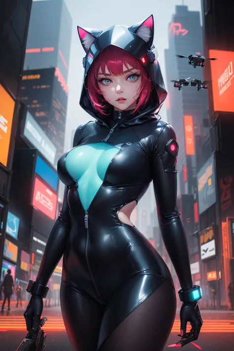 (full torso shot:1.6), (Beautiful), (Masterpiece) high-quality artwork of a (stunningly beautiful) (anime cat girl:1.2) (3/4 view:1.5) in a (cyberpunk city:1.2), with (neon lights:1.1) reflecting off her (shiny, metallic suit:1.1), (cat ears:1.1) poking out of her (hooded helmet:1.2), and a (sharp, sleek tail:1.1) trailing behind her. The artwork features a (futuristic:1.2) cityscape with (hovering cars:1.1), (glowing skyscrapers:1.1), and (flying drones:1.1), by artist Kuvshinov Ilya, on a digital canvas using Adobe Photoshop, with (vibrant colors:1.1), and (dynamic, bold lines:1.1). The cat girl has a (confident, fierce:1.1) expression on her face