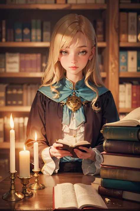 A captivating and enchanting photograph of a blonde college student (20 years old) at a magical academy, immersed in her studies...