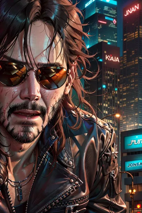 (close up portrait), (Keanu Reeves as Johnny Silverhand), ((long hair)), punk rock metal influence, matte aviator glasses, black...