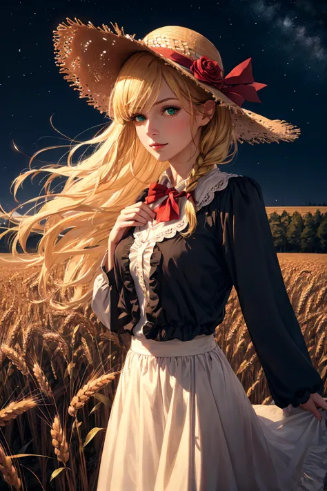 award winning (anime style:1.0), 1girl, solo, (straw hat with flowers:1.1), star (symbol), (long blonde hair flowing in the breeze), soft smile, [((gorgeous green eyes))], (navy dress with white frill collar:0.8), [red bow], long sleeves, (single braid), red rose, looking at viewer, adorable, captivating, center frills, bowtie, bangs, closed mouth, hand touching wheat, (mature woman:1.59), beautiful (dark) night sky in a wheat field, ((at night)), (wind), (monochrome:1.2)