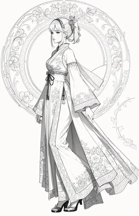 (highest quality, award winning, masterpiece:1.3), ((full body)), (intricate:1), best quality, official art, 8k wallpaper, highly detailed, illustration, lineart, monochrome, detailed, intricate, cinematic light, 1 girl, from the side, floating hair, swept bangs, silver white hair, hair ribbon, hanfu, luxury dress, good anatomy, good proportions, (photorealistic:1.5), centered, mature adult:1.5, (plain background),