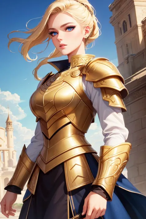 Make a top-notch, (masterpiece:1.2), (best quality:1.2), perfect eyes, perfect face, perfect lighting, 1girl, mature female, medium blonde hair, pompadour cut, blue eyes, long sleeves, skirt, valkyrie armor, sky, detailed background, thick eyelashes, makeup <lora:angelicWairrors_v1:1>