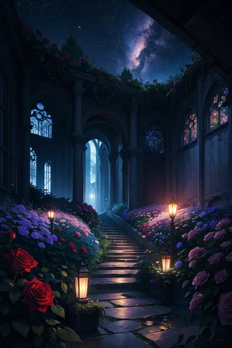 a dark and creepy looking room with a stone path and flowers