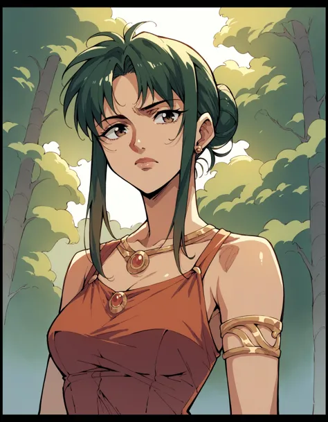 a woman with green hair and a brown top in a forest